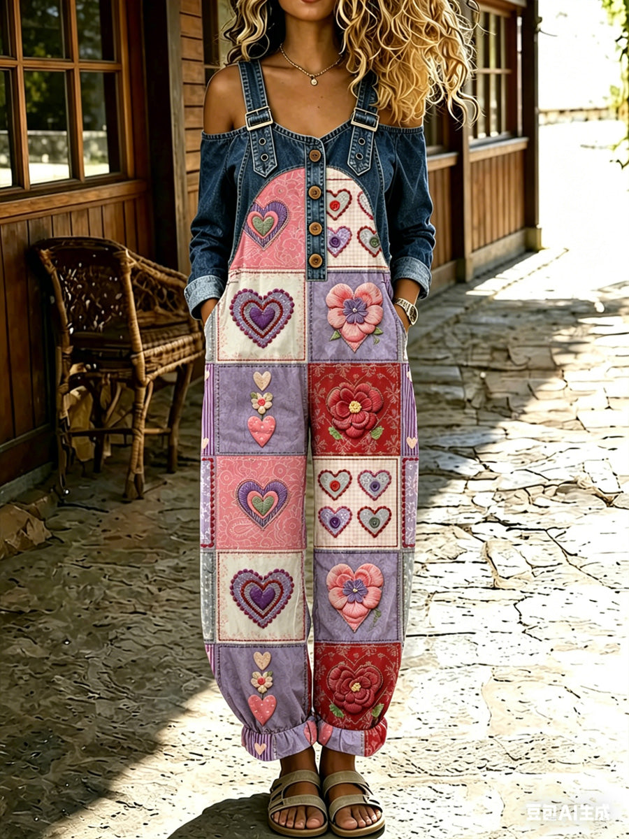 Retro Style Floral Art Print Washed Cotton Denim Cowboy Wide Strap Patchwork Jumpsuit